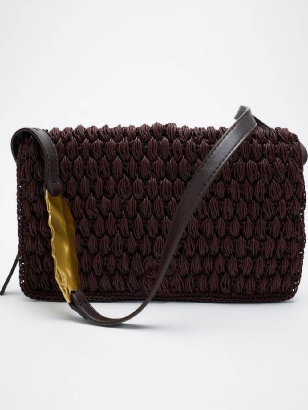 Zara Dark Brown Woven Shoulder Bag with Gold Accent
